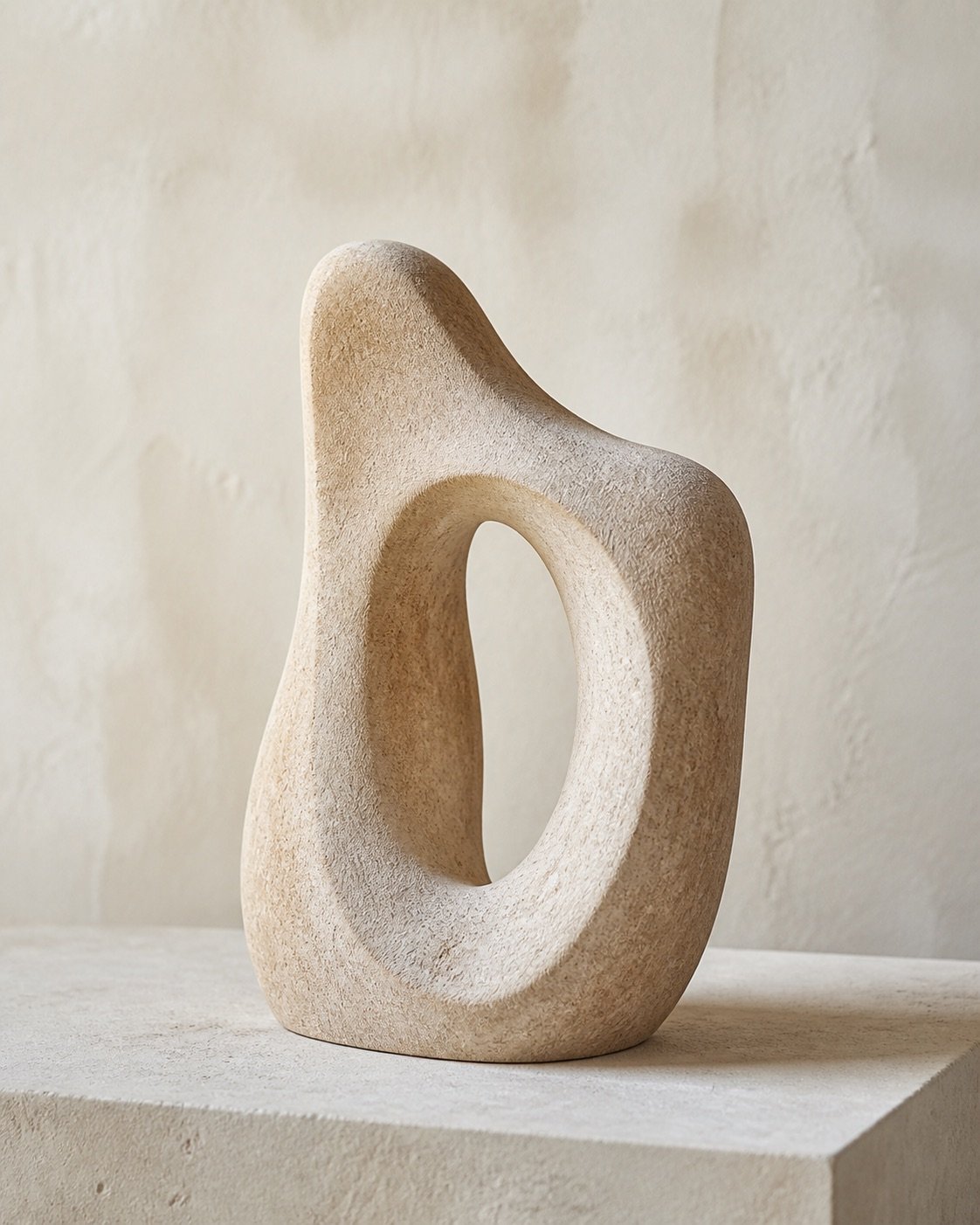Abstract hand-carved sandstone sculpture in a quiet interior