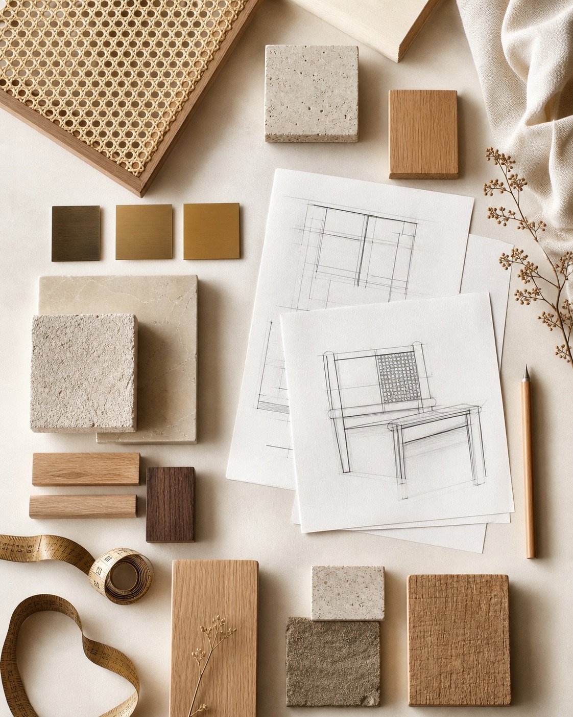 Material samples and product drawings arranged for a sourcing project