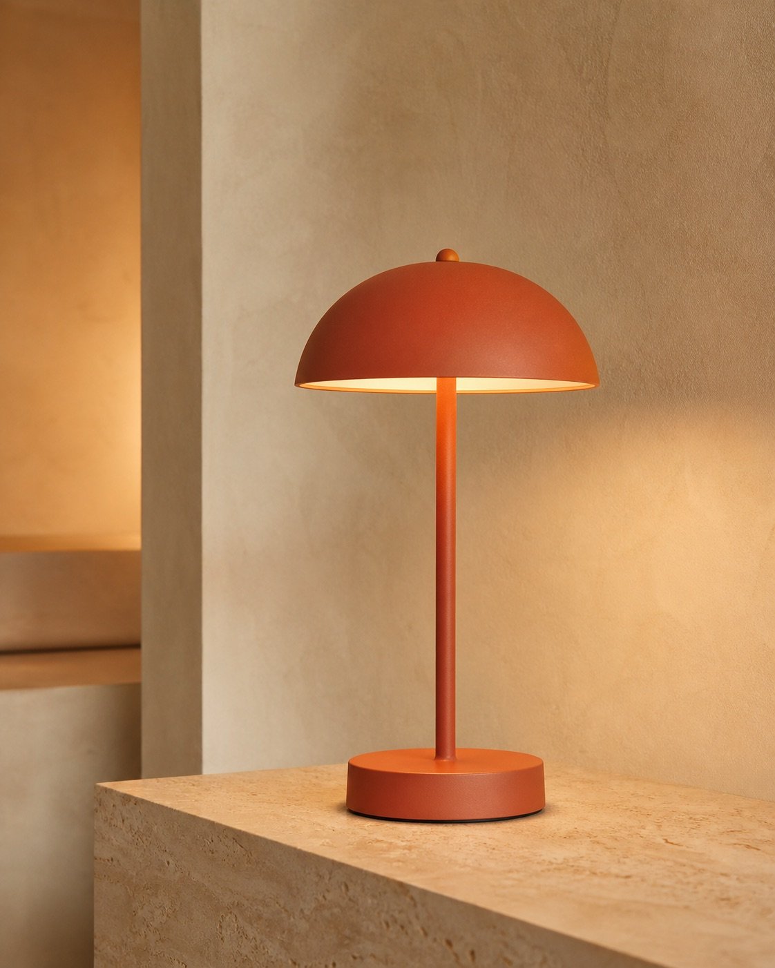 Warm illuminated cordless table lamp in terracotta